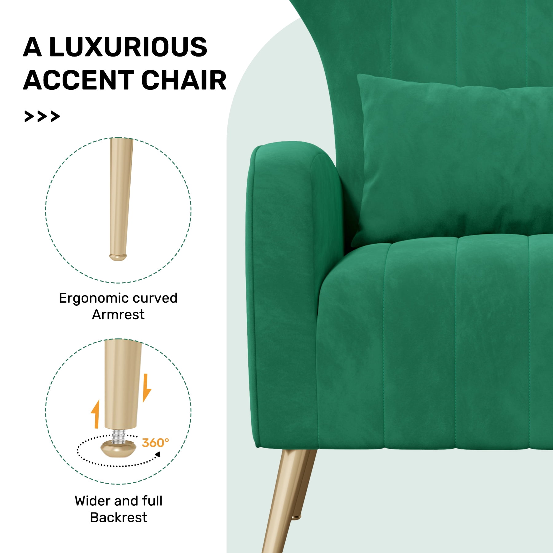 MOONMISS Velvet Accent Chair for Living Room, Modern Arm Chair with Pillow, Single Sofa Lounge Chair for Bedroom & Reading Room,Green