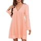 thumbnail image 1 of Vestido de encaje con mangas largas y escote en V y bolsillos, color rosa puro, para uso en el hogar y la oficina, talla XL, 1 of 5