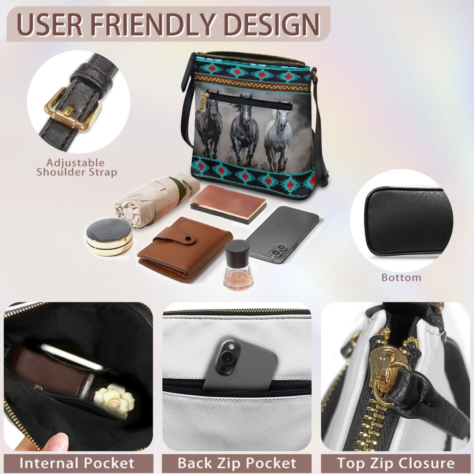 LedBack Aztec Horse Print Leather Women Hobo Bag Crossbody Satchel Purse with Adjustable Strap, Portable Sling Shoulder Purse Handbag Messenger Bag for Shopping Travel, Blue and Grey