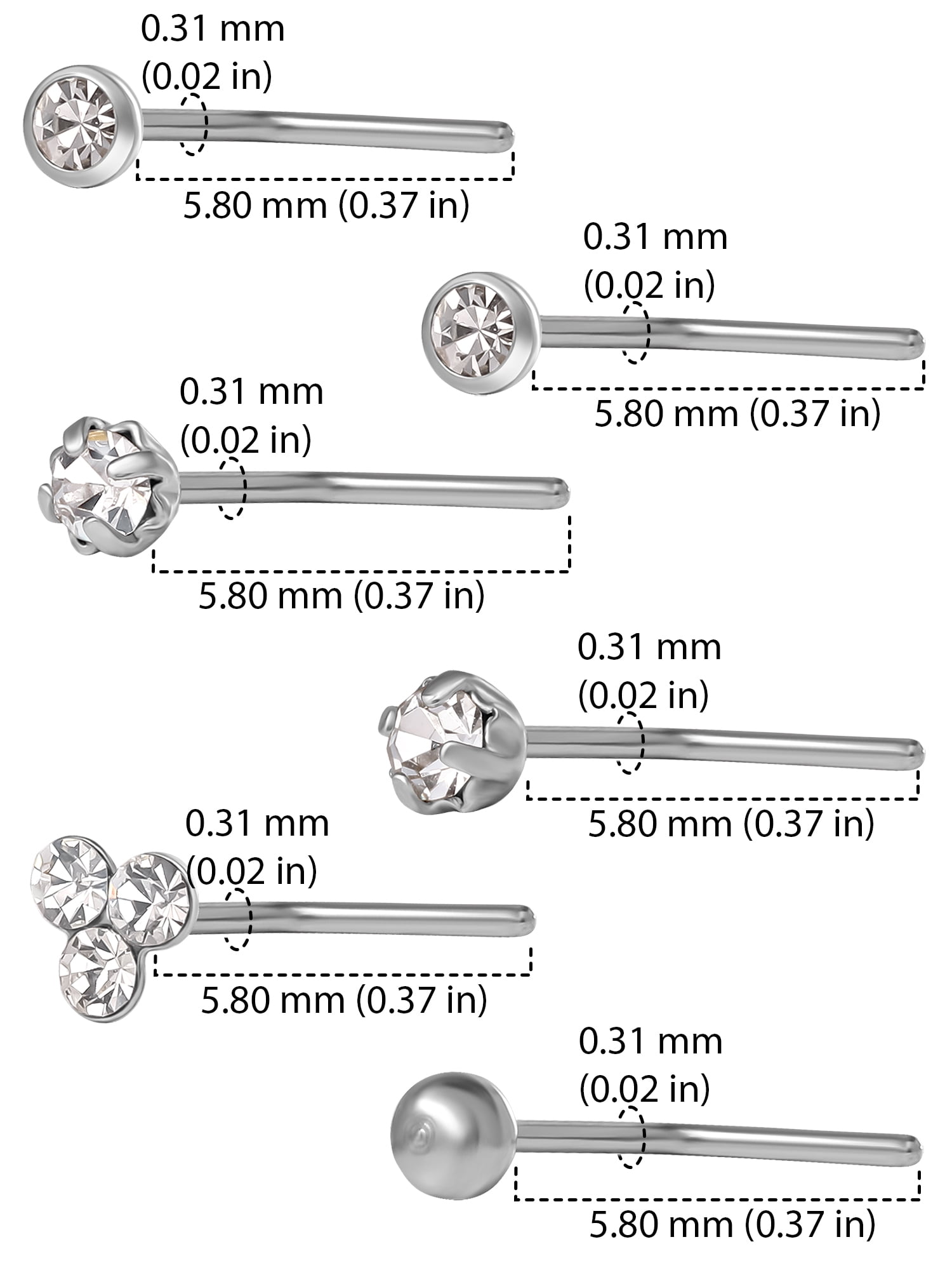 Women's Stainless Steel L-Shaped Nose Studs with Clear Crystal Value Pack