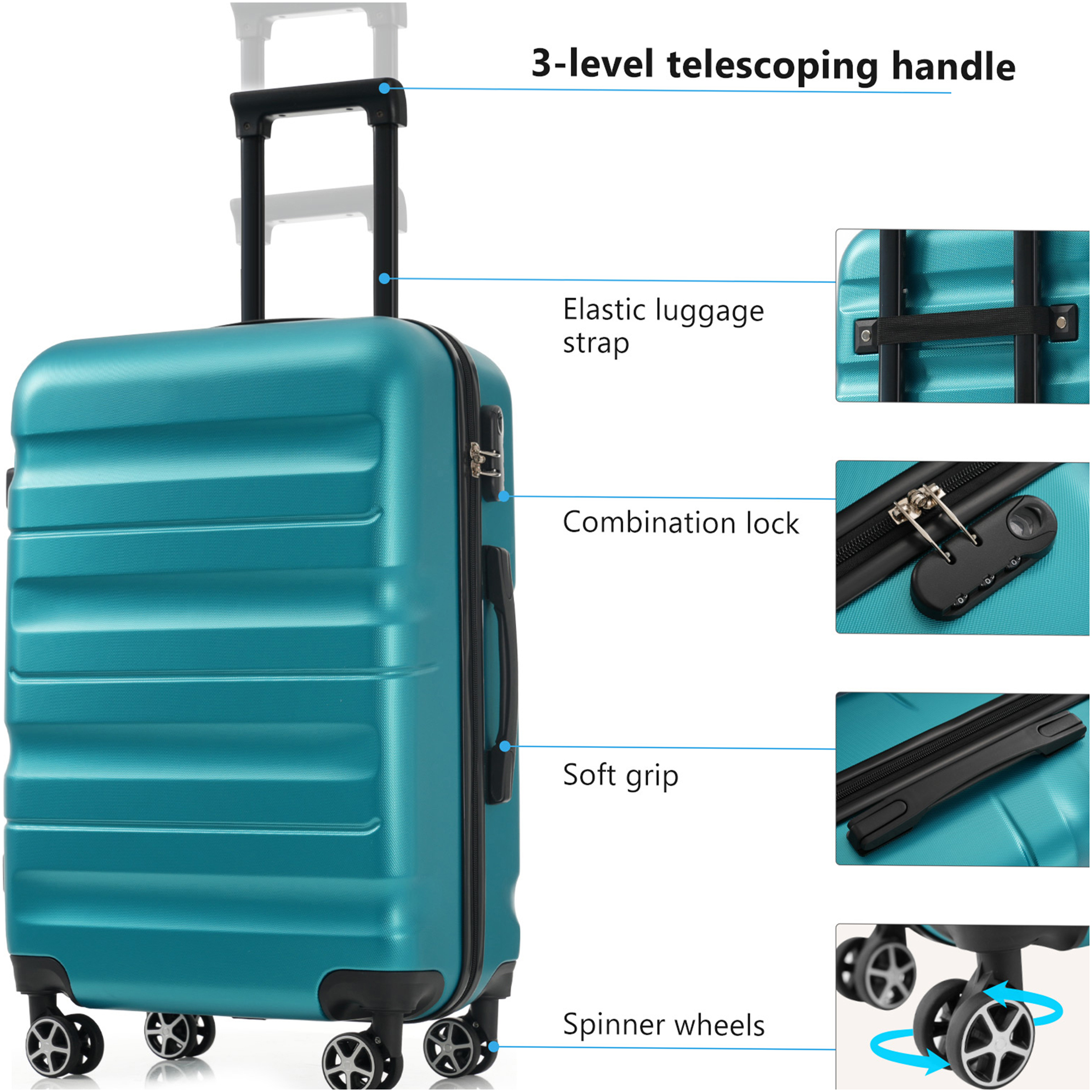 JERFIT 4-Piece ABS Hardshell Spinner Luggage Set, Lightweight Durable Suitcases with 360° Dual Wheels, TSA Lock, Expandable Design for Travel & Business, Blue