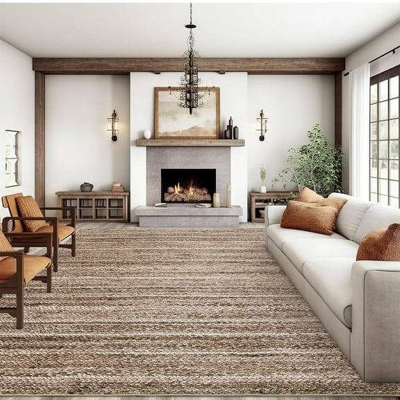 Garvee 9'x12' Washable Area Rug Braided Print Rug Living Room Rug Contemporary Non-Shedding Stain-Resistant Rug for Bedroom, Brown