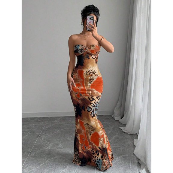 Sleeveless Twist Front Bodycon Maxi Dress With Leopard Print In Multicolor XL