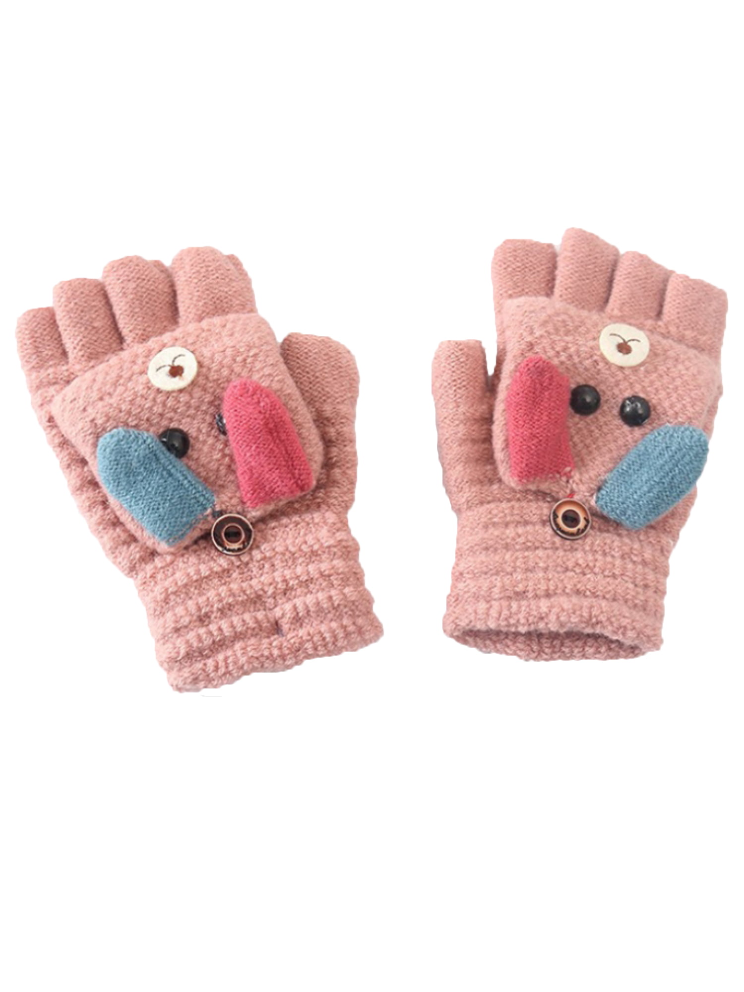 Kids Boy Girls Cute Monkey Convertible Gloves with Mitten Cover Knitted Winter Fingerless Flip Top Gloves for 3-8 Years 