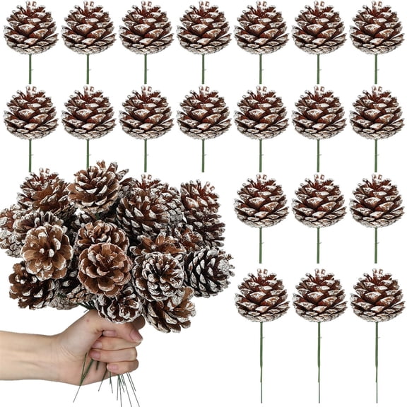 20 Pieces 1.5 Inch Natural Pine Cone,Snow Pine Cone Picks,Christmas Tree Decoration with 6.7In Green Wired Pick for Christmas Decoration