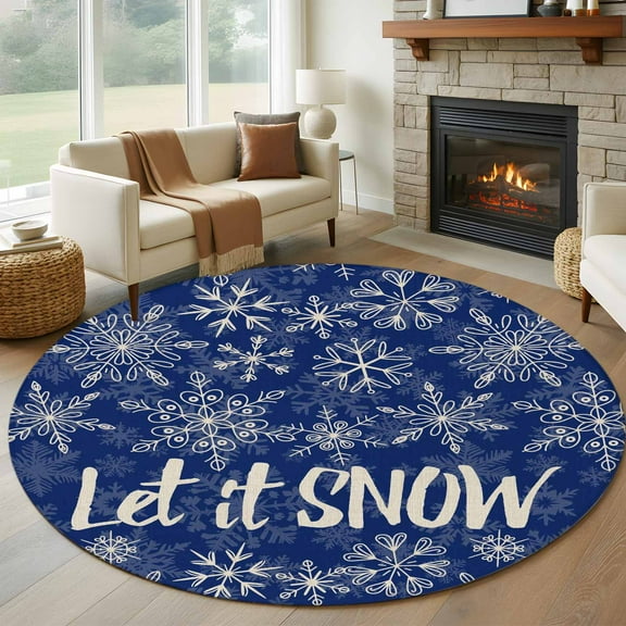 Christmas Snowflakes Round Rug 5ft Washable Circle Kitchen Rugs Non Slip Winter Xmas Flower Navy Blue Large Area Rug Indoor Floor Carpet for Bedroom Living Room Home Office Dining Room Nursery