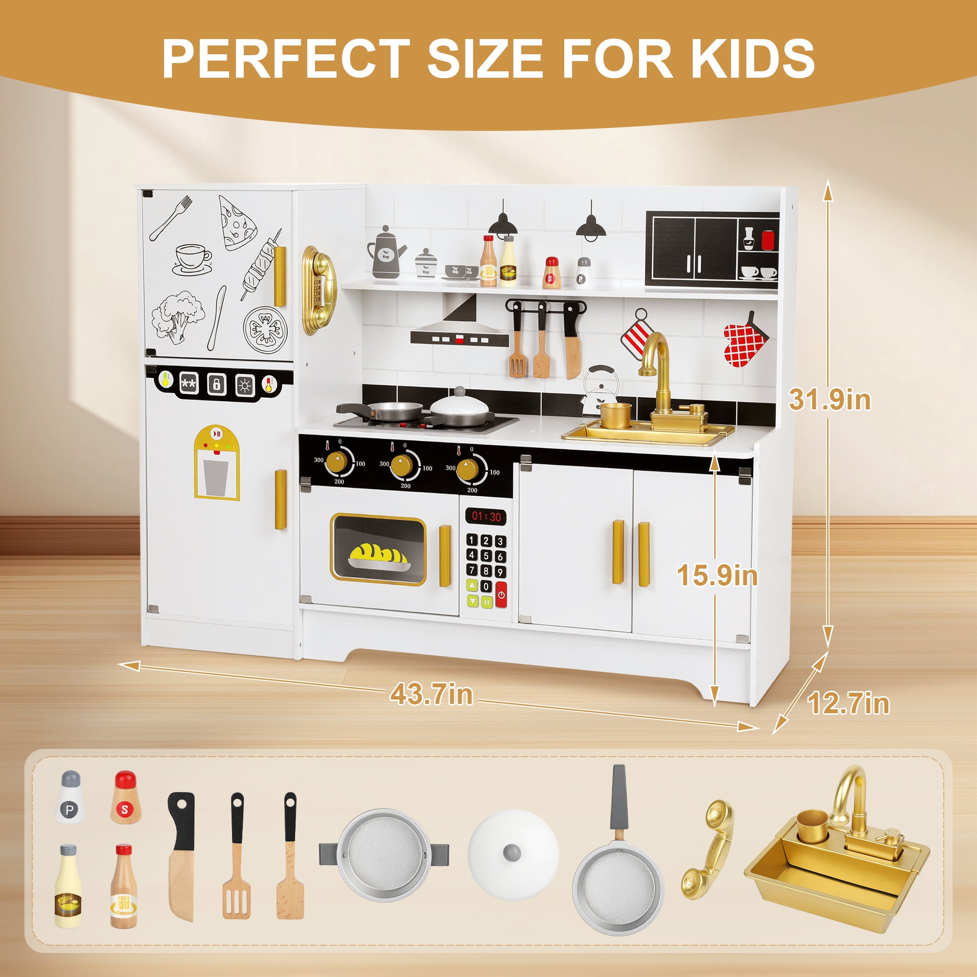 Wisairt Pretend Play Kitchen Set, 43.7" Extra Long Wooden Play Kitchen for Kids w/ Chef's Costume, Telephone, Stove, Sink, Oven, Realistic Lights Sounds - White & Gold