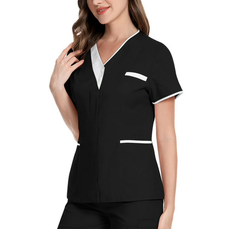 Sksloeg Womens Scrub Top 4 Way Stretch 2 Pocket Button Top with