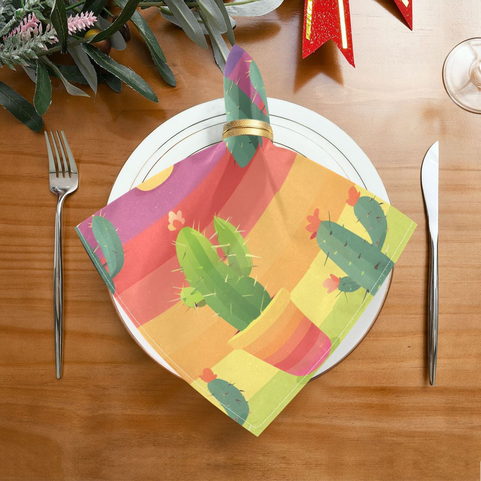 JSTEL Cactus Cacti Rainbow Stripes Cloth Napkins Set of 6, 20x20 Inch Washable and Reusable Napkin for Decoupage Dinner Party Everyday Use