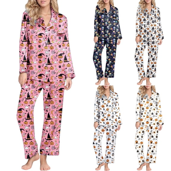 Miorin Under $12 Halloween Pajamas Women Button Long Sleeve Tops Matching Cute Long Pants Fall Pjs Sets 2026 Pumpkin Print Soft Sleepwear Lounge Sets, L