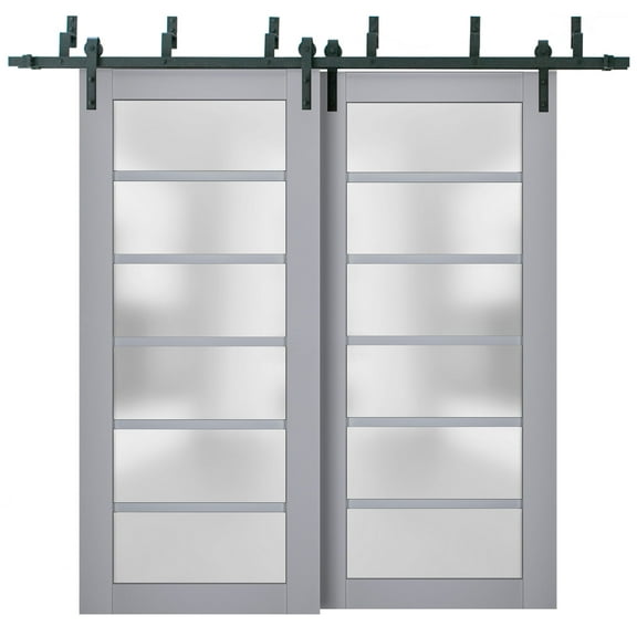 Sliding Closet Barn Bypass Doors with Frosted Glass | Veregio 7602 Matte Grey | Sturdy 6.6ft Rails Hardware Set | Wood Solid Bedroom Wardrobe Doors -36" x 96" (2* 18x96)
