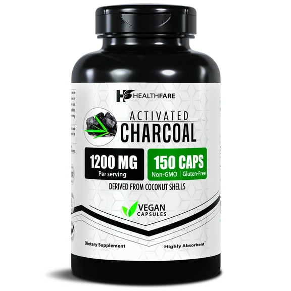 HealthFare Activated Charcoal Pills 1200mg | 150 Vegan Capsules | Organic Coconut-Sourced | Detox & Digestive Balance | Non-GMO, Gluten-Free | Made in USA