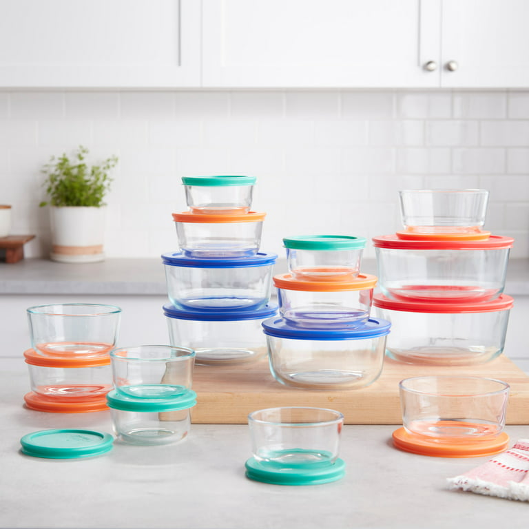 Pyrex Simply Store Glass Food Storage & Bake Container Set, 32 Piece with  Multicolor Lids 