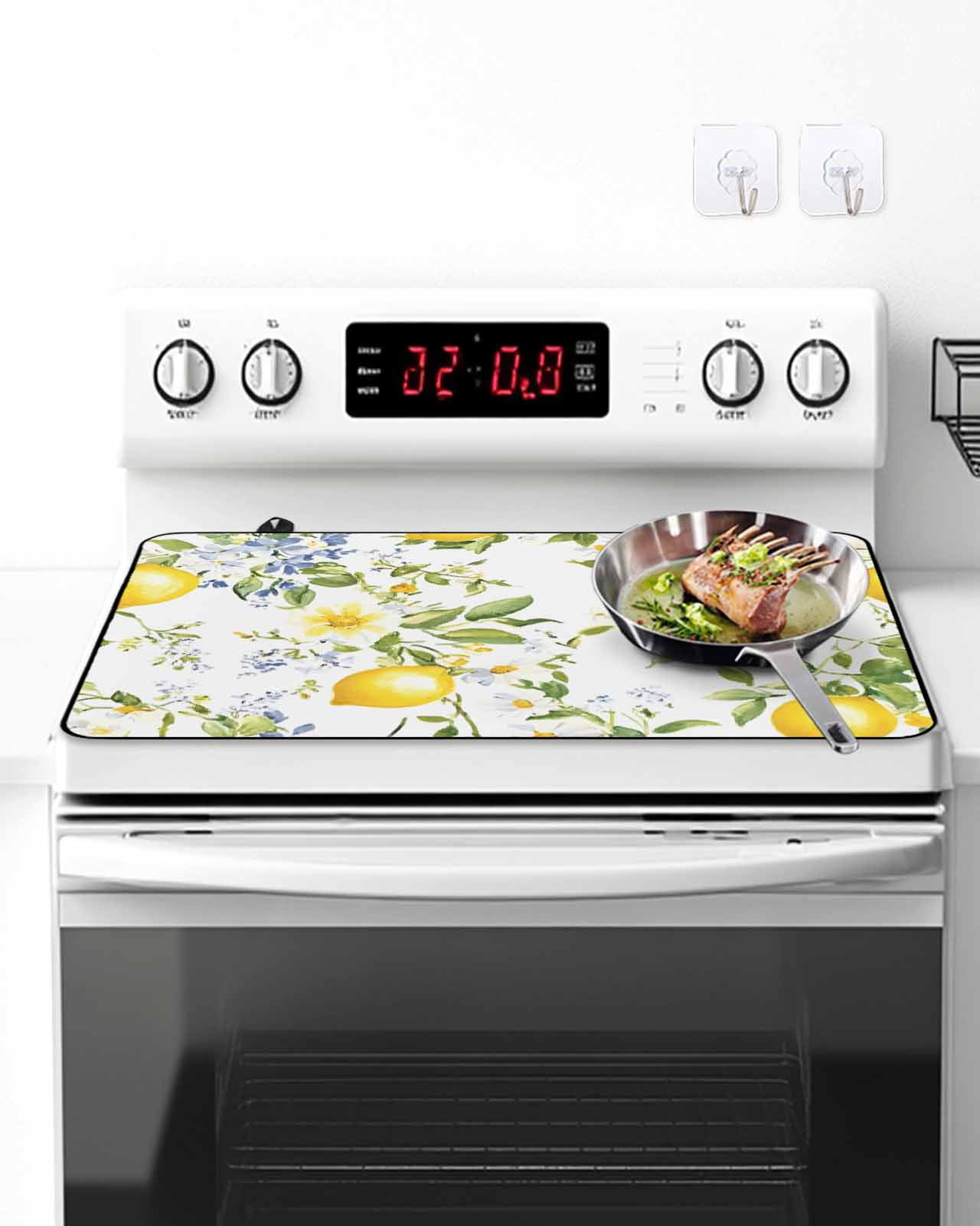 Stove Top Covers for Electric Stove, Summer Lemon Glass Stovetop Cover Protector, Watercolor Yellow Spring Floral Botanical Induction Cooktop Protector Oven Mat for Kitchen Countertop 24"x21"