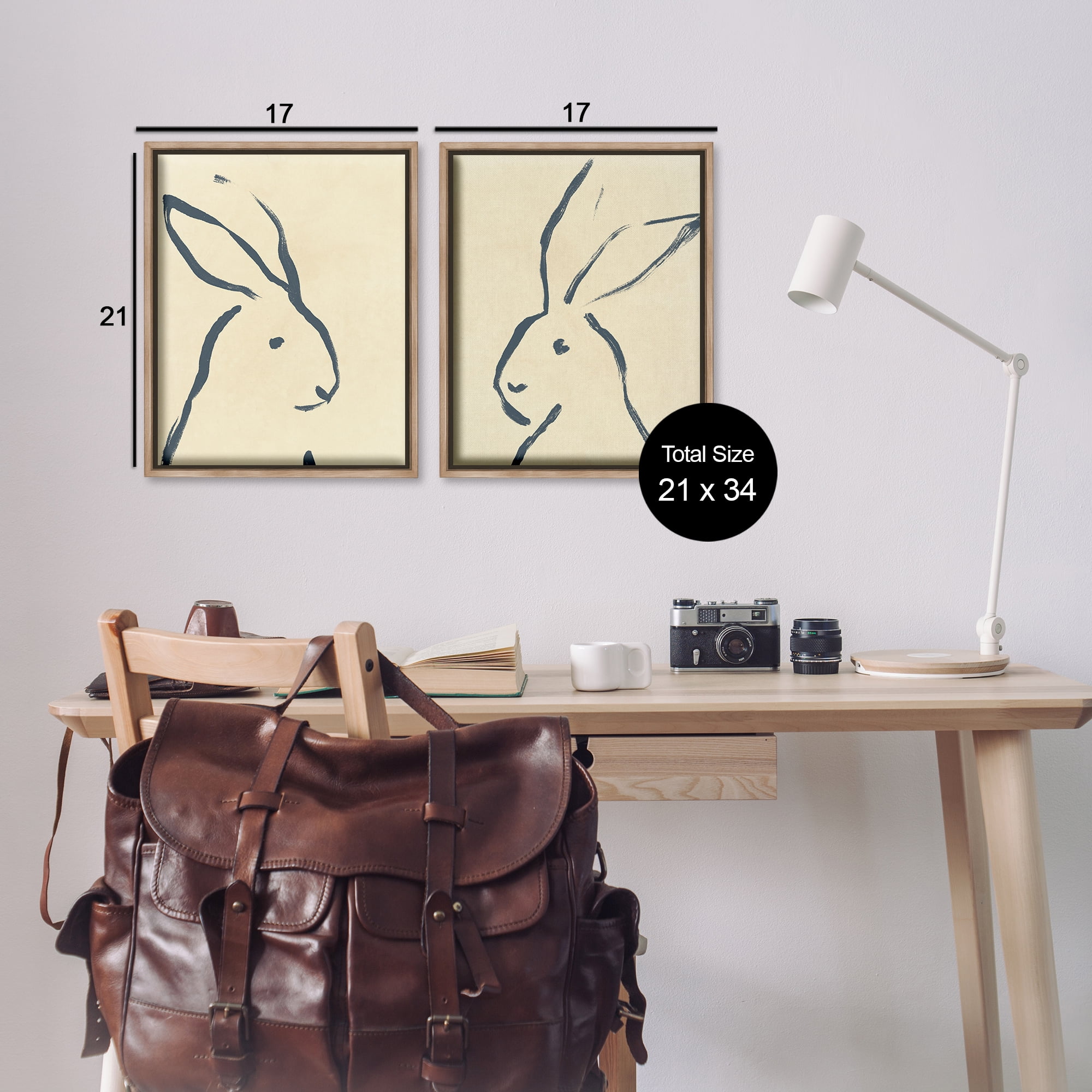 Stupell Industries Minimalist Rabbit Line Portrait Animals Drawing Brown Floater Framed Canvas Art Print Wall Art, 17 x 21, Set of 2