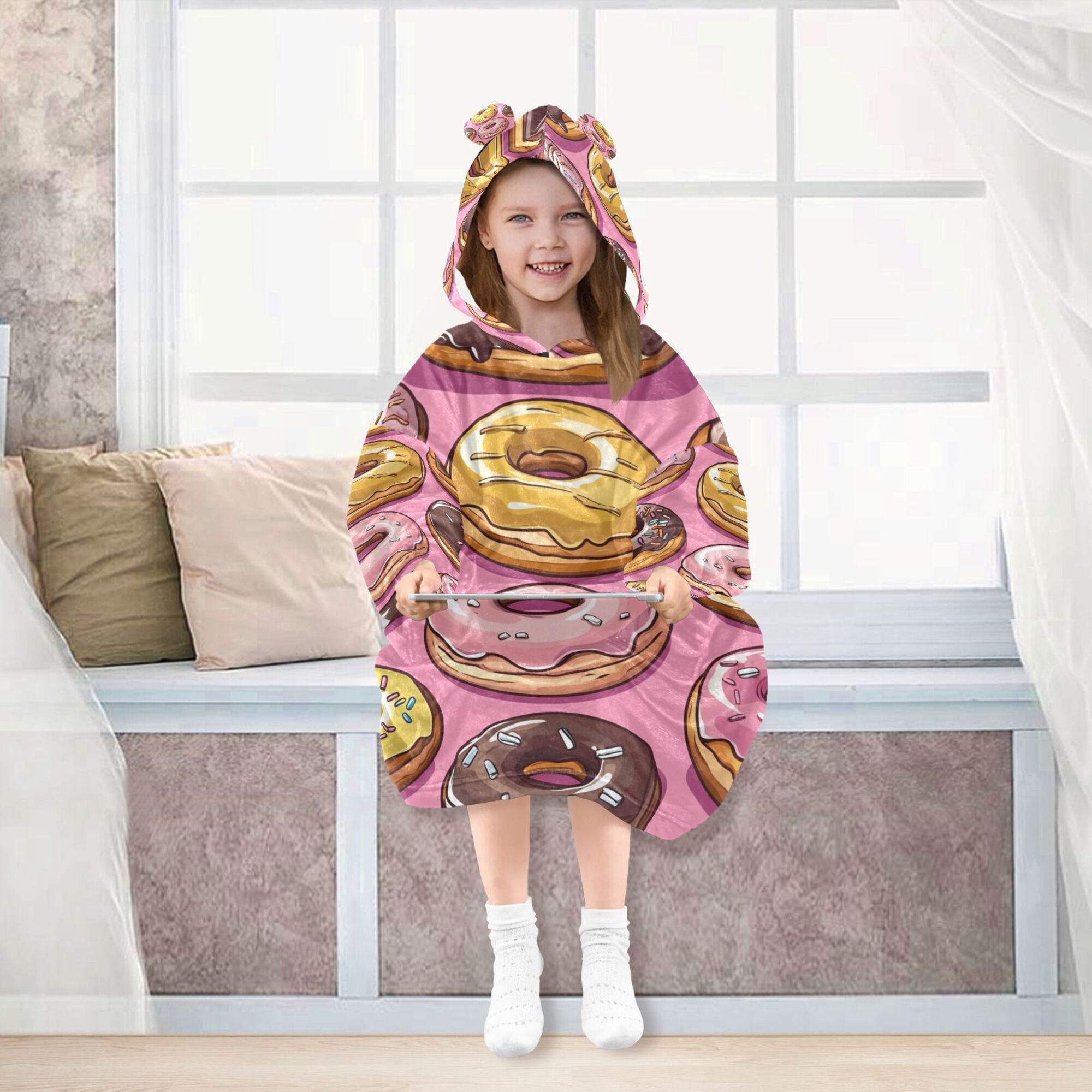 FORMRS Wearable Blanket Hoodie with Sleeves for Kids Cozy Flannel Sweatshirt, Cute Doughnuts Pattern