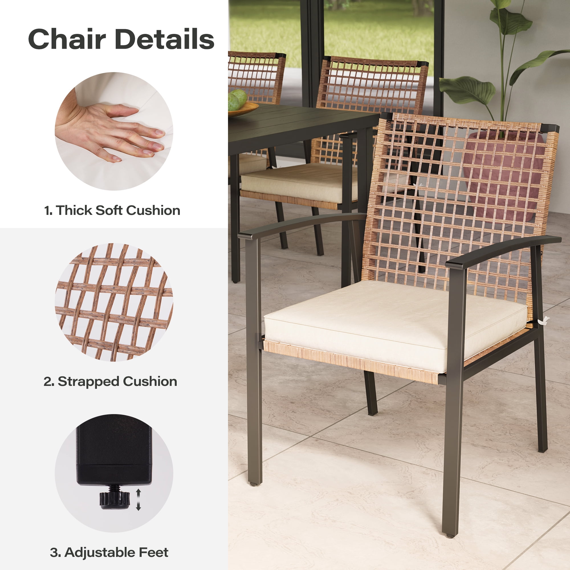 KAMEROUT Patio Dining Set, 7-Piece Outdoor Wicker Furniture with Rectangular Table and 6 Chairs, Brown