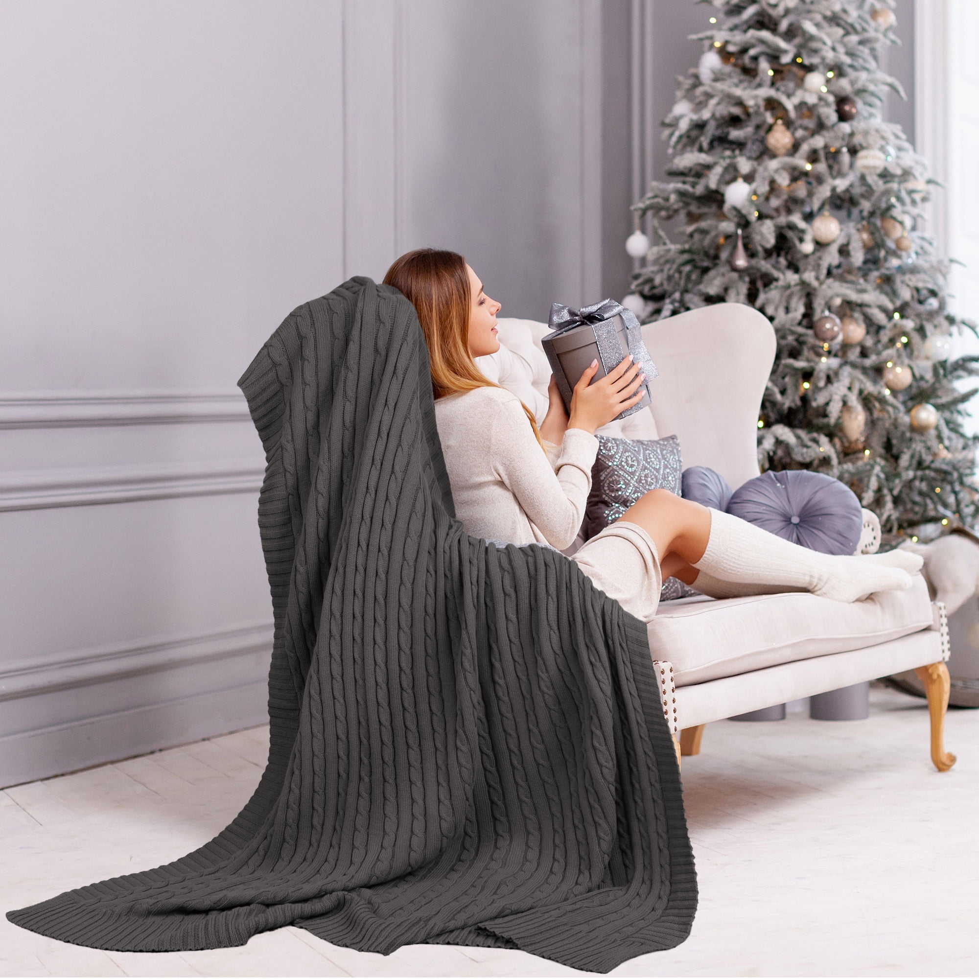 Unique Bargains Cable Knitted Bed Sofa Throw Blanket Dark Grey 47" x 71"