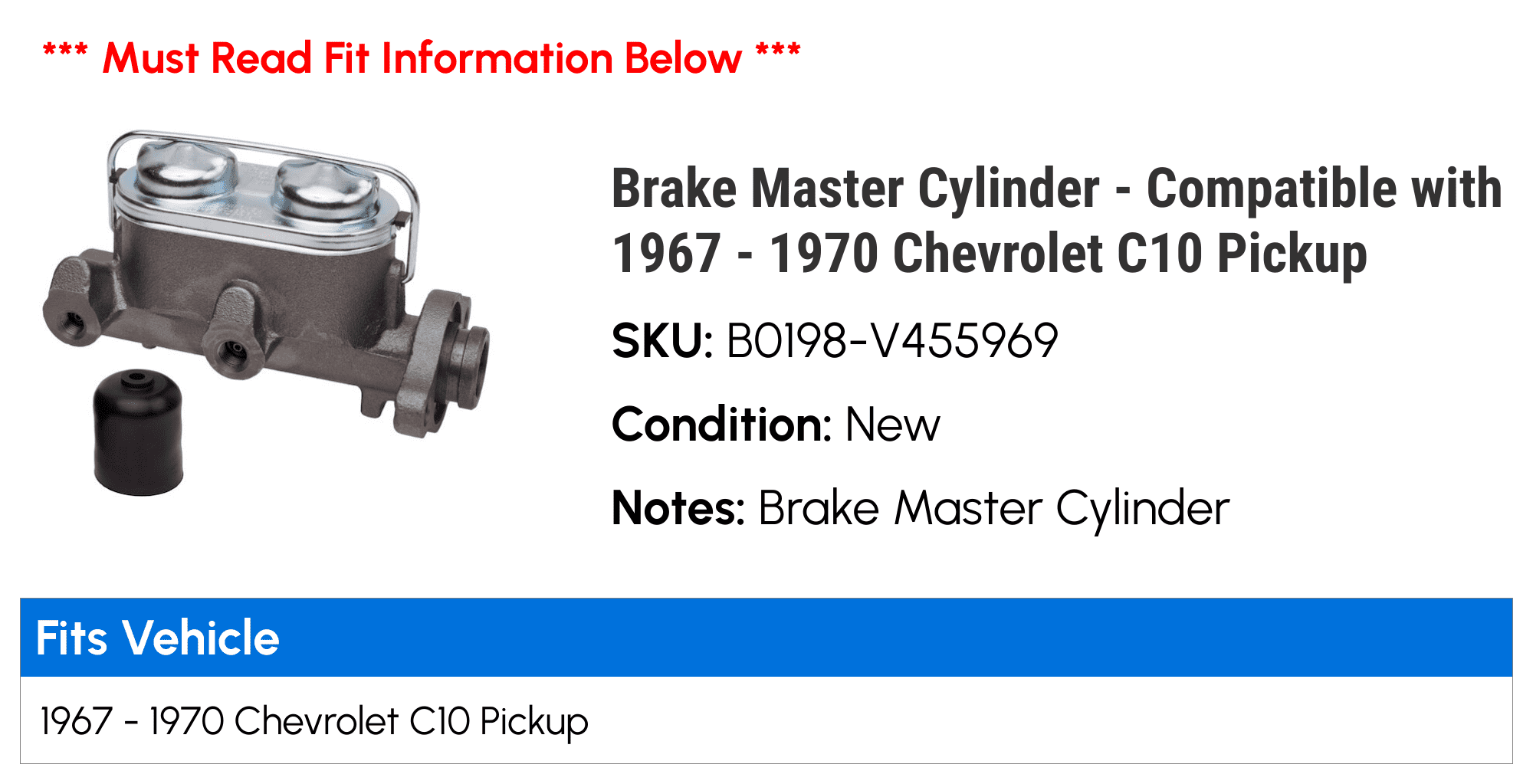 Brake Master Cylinder - Compatible with 1967 - 1970 Chevrolet C10 Pickup - Dynamic Friction