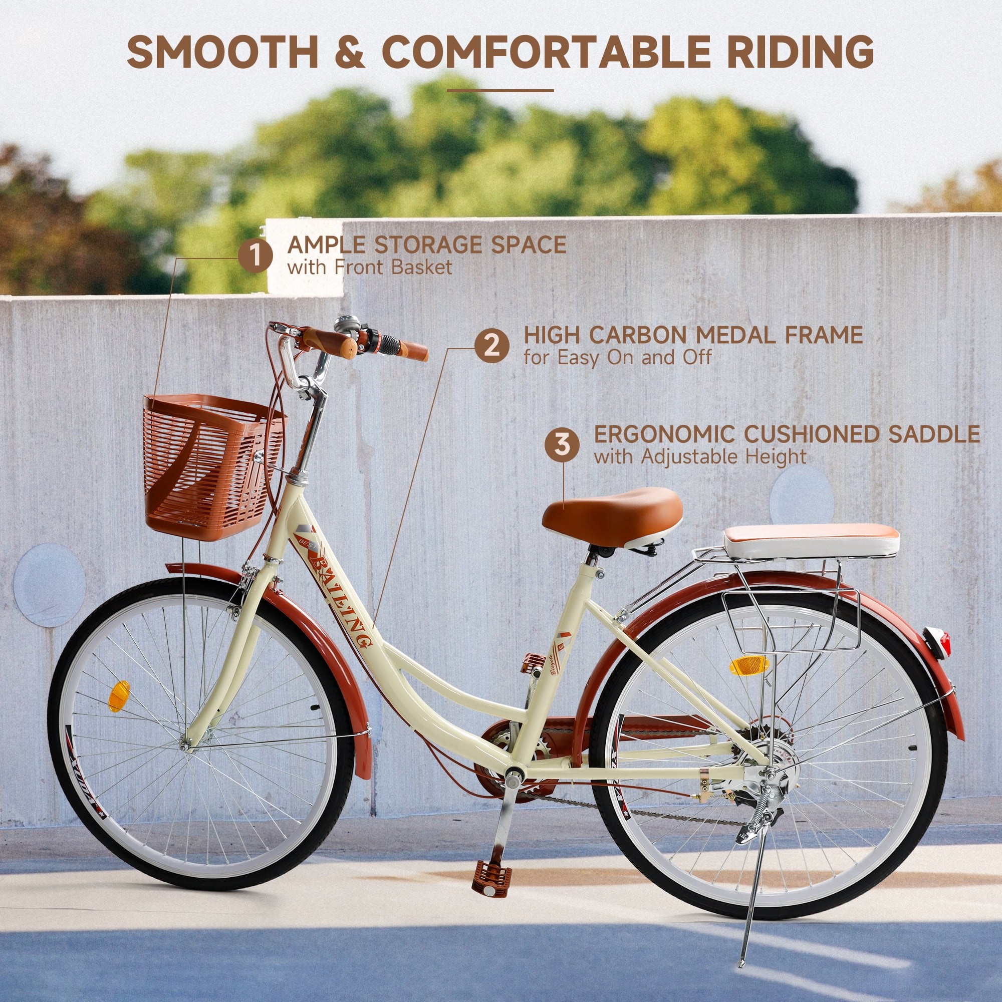 ARTUDATECH 26 Inch Beach Cruiser Bike for Women, 7 Speed Commute Bike for Adults, Women Bicycle with Adjustable Seat and Basket