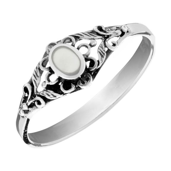 81stgeneration Women's 925 Sterling Silver Antique Style Filigree Flower Mother of Pearl Ring