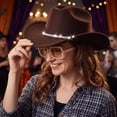 thumbnail image 4 of Western Cowboy Hats for Women Classic Felt Wide Brim Fedora Hat with Belt Buckle Retro Panama Hat Unisex Rolled up Cap Brown One Size, 4 of 5