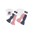 thumbnail image 2 of Toddler Girls 4th of July Outfit Infant Short Sleeve Letter Tee Shirt+Stars Stripes Flare Pants Bell Bottom Outfits, 2 of 9