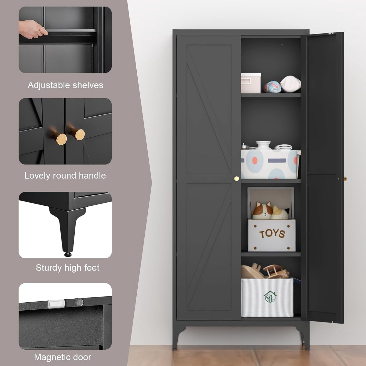 Howcool 65" 2-Door Steel Storage Cabinet with Adjustable Shelves for Kitchen Living Room Office, Black