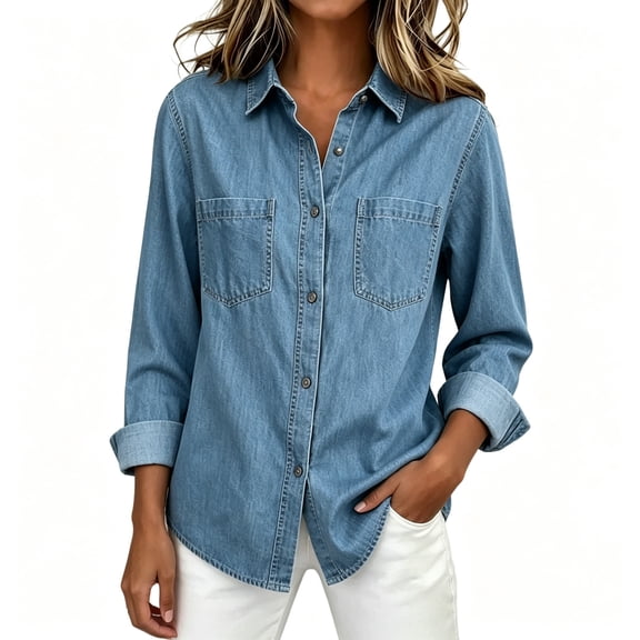BCSIOAOI Womens Tops,Denim Collared Button Down Dual Chest Pocket Collared Long Sleeve Shirts Blue L
