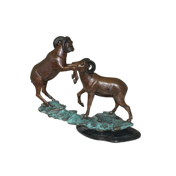 Nifao Two Rams on a rock Bronze Statue – Home Decor Sculpture, 15"L x 8"W x 16"H