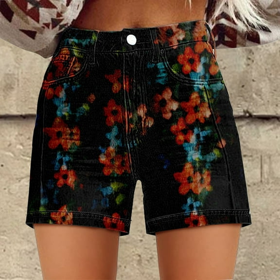 Women's Cotton Shorts Womens Casual High Waist Denim Shorts Relaxed Fit Artretro Printed Floral Shorts With Pockets,Red Women's Shorts L