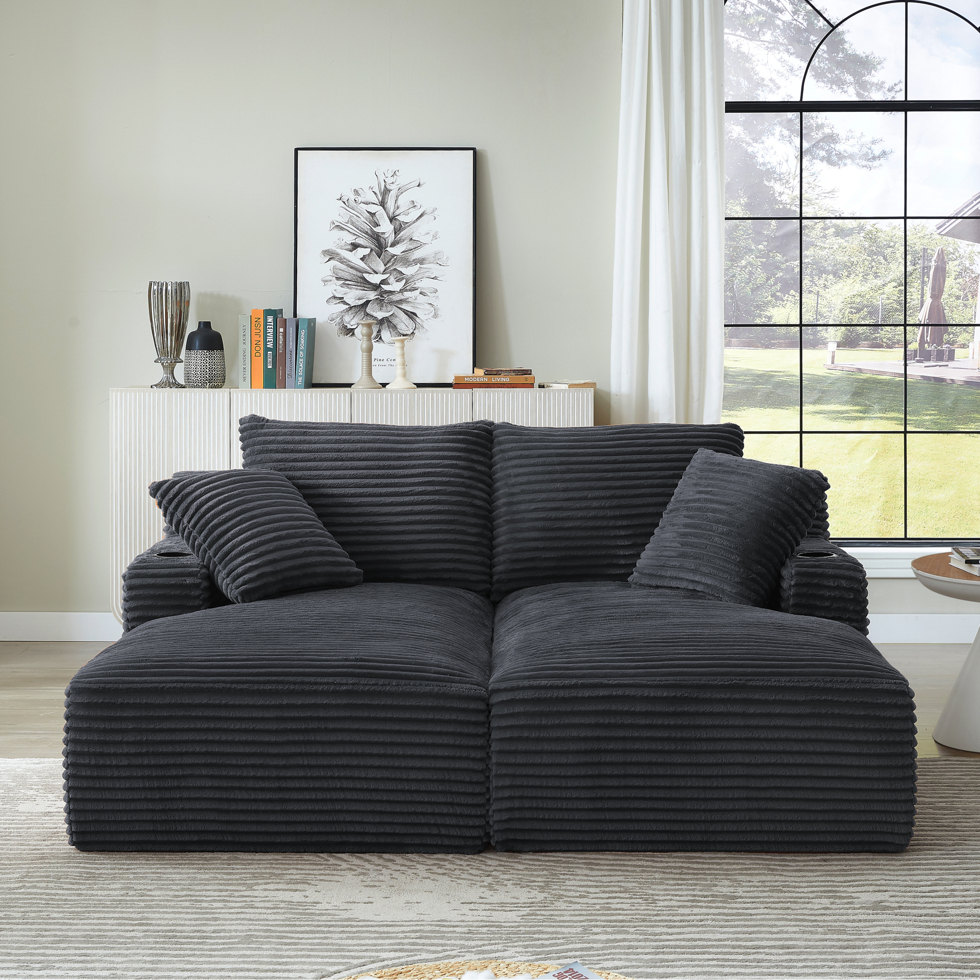 Leumius Oversized Double Chaise Lounge Sofa Bed, Boneless Lounge Sofa Bed with Cupholders,Fluffy Modern Sleeper Loveseat for Living Room,No Assembly Required,Dark Gray
