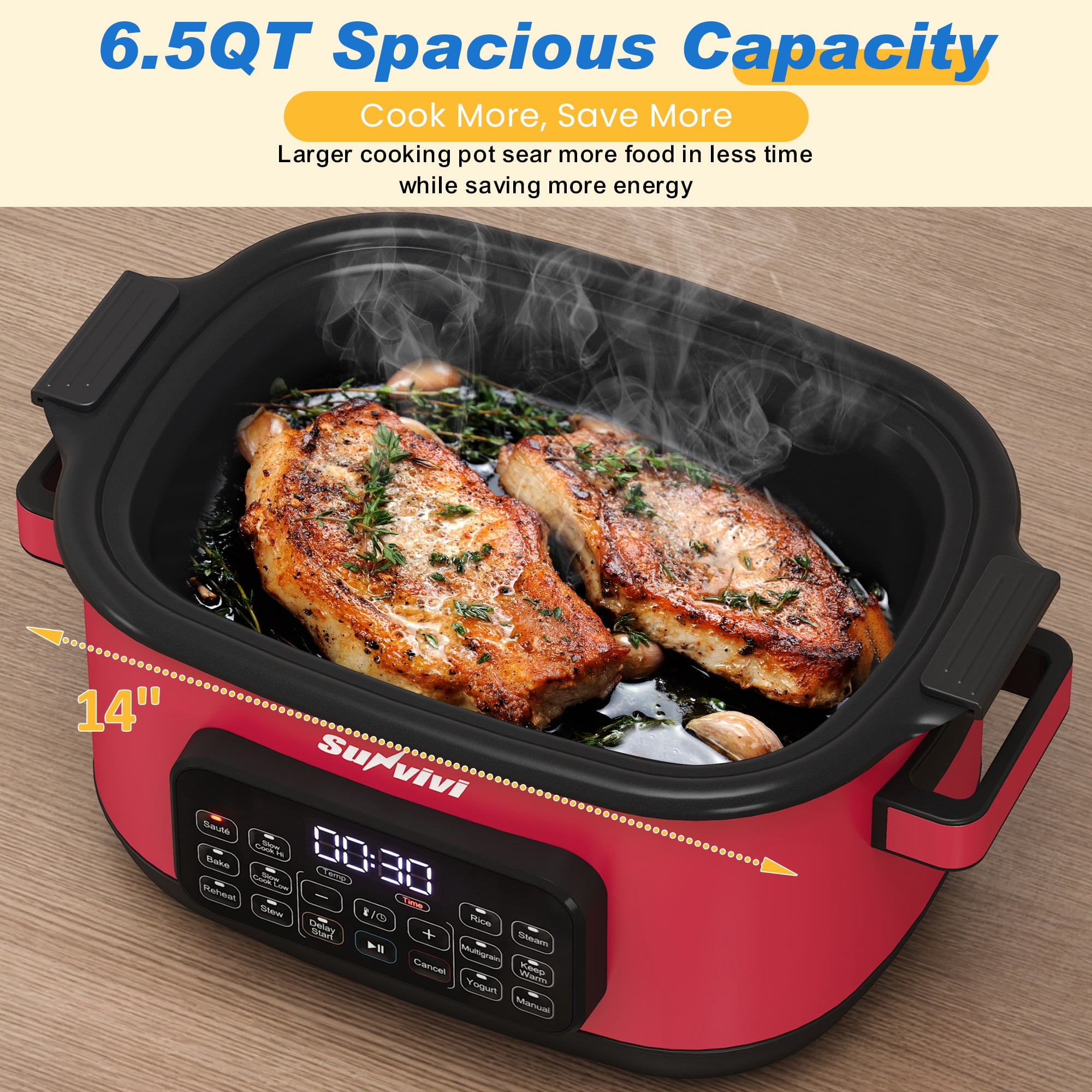 Sunvivi 12-in-1 Digital Programmable Slow Cooker, 6.5 QT Large Multicooker, Multi-Cooker with Timer, Temp Control, Red