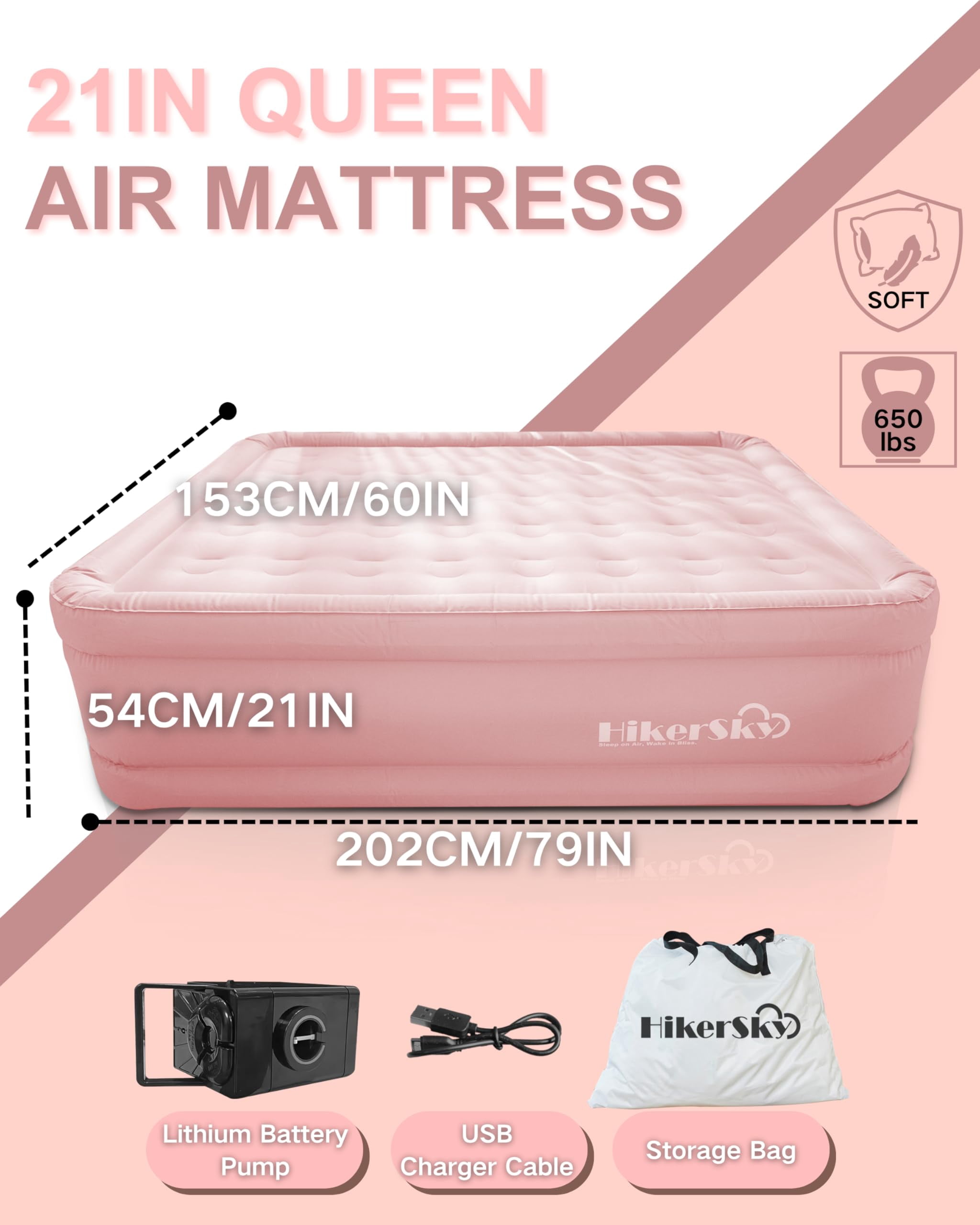 Air Mattress with Built-in Wireless Pump,22''Fast & Easy Inflation/Deflation Inflatable Mattress with Storage Bag, Inflatable Bed for Home, Camping & Guests