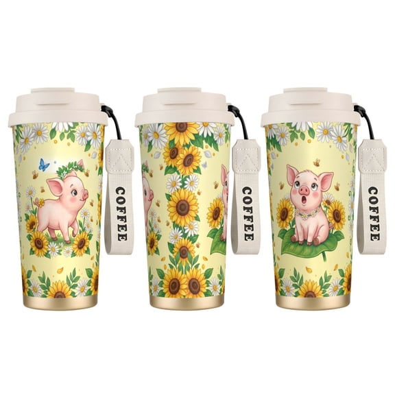1pc Pig Tumbler 18oz Happy Rustic Piggy with Pink Flowers, Leak-proof Stainless Steel Coffee Cup