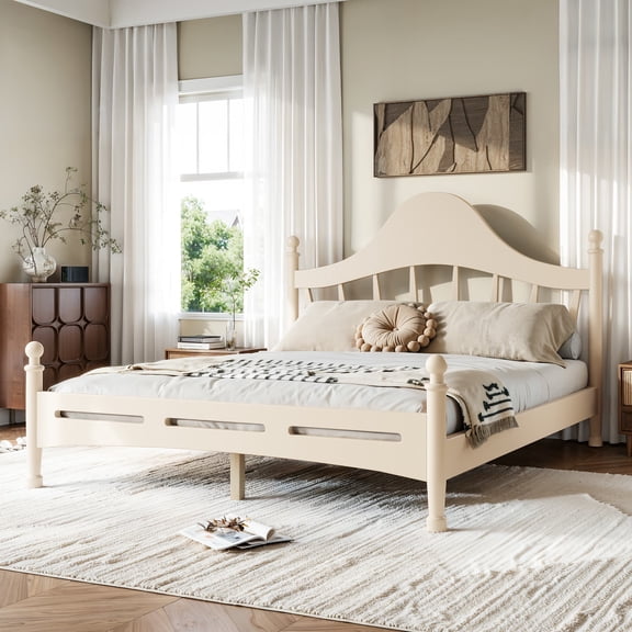 Queen Size Solid Wood Platform Bed with Curved Headboard, No Box Spring Needed, Slatted Support & Low Profile Frame for Bedroom Guest Room, Beige