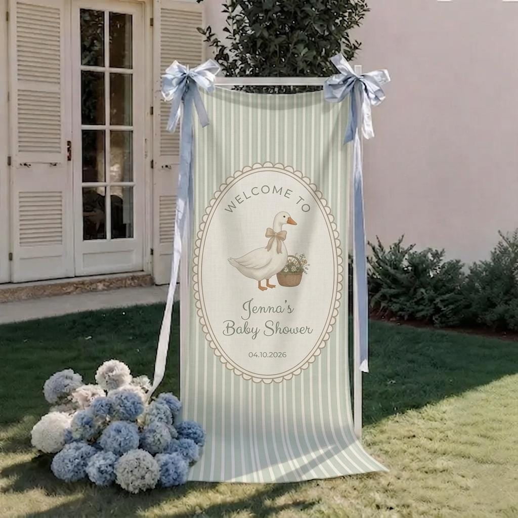 ViciArt Personalized Linen Cotton Baby Shower Banner, Custom Name Event Backdrop, Goose Illustration Design