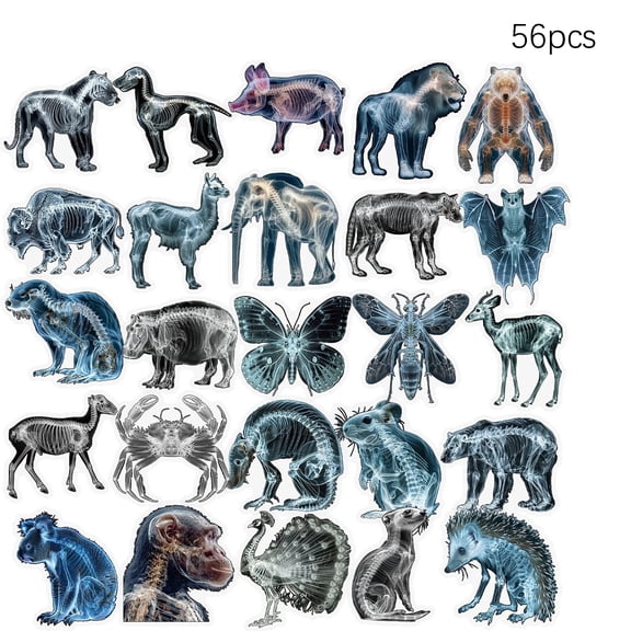 CCOCC 56Pcs X-Ray Animal Skeleton Stickers,Waterproof Pet Tech-Style Decals,Cool Science Stickers for Scrapbook Journaling,Water Bottle Laptop Decor,For Teens Girls Adults