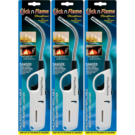 Click N Flame Lighter, Long Lighter for Candle, Grill, Flexible Refillable Butane Lighter for Camping, BBQ Lighters Bulk, Child Resistant Lighter - 3 Pack