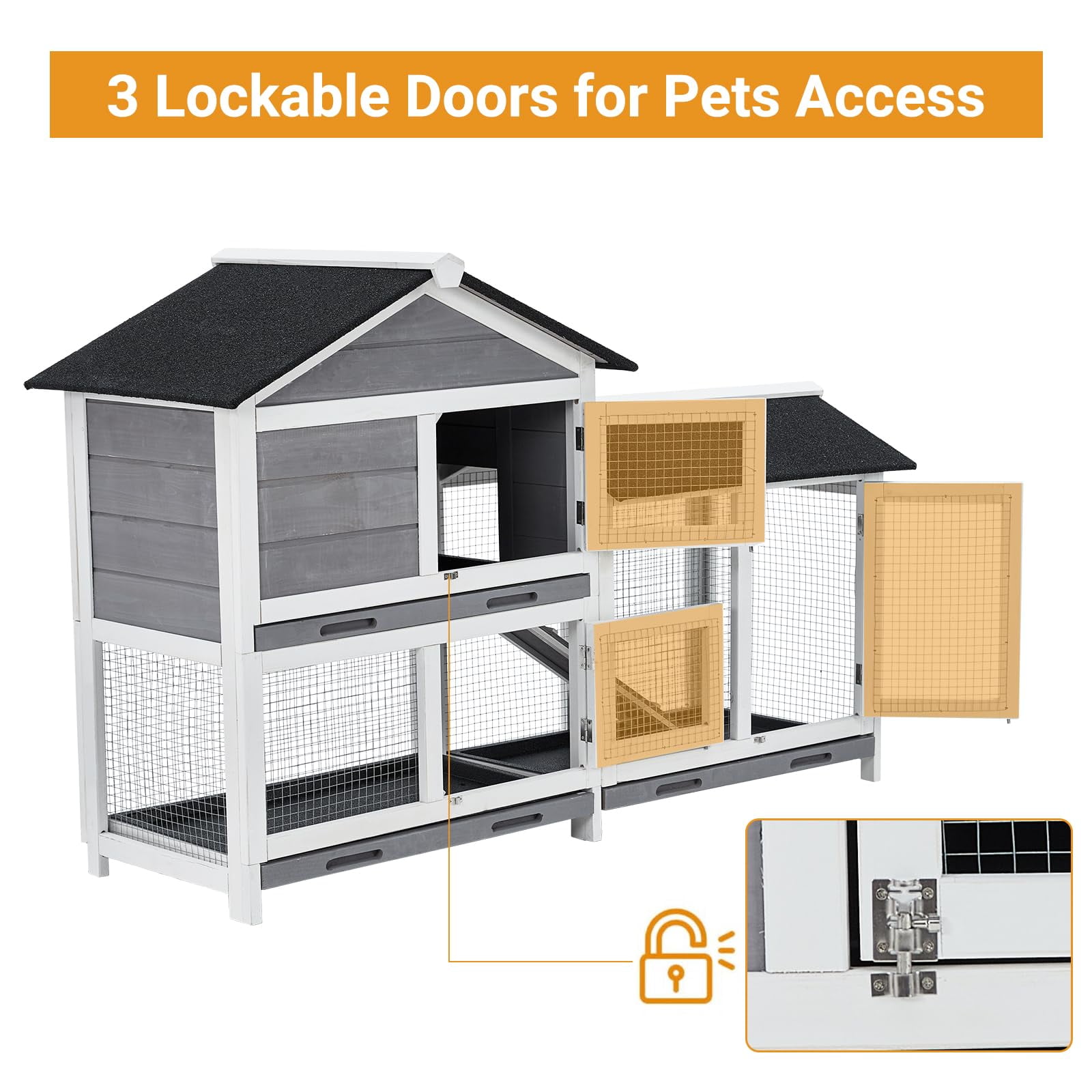 Kojooin Waterproof Bunny Hutch Cage – Indoor Rabbit & Guinea Pig Home with 3 Leak-Proof Trays, 63"x21"x38", Easy to Assemble