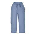 thumbnail image 4 of Linen Pants Women Elastic High Waisted Straight Leg Lace Hem Pants Casual Slacks Summer Beach Vacation Trousers with Pockets, 4 of 7