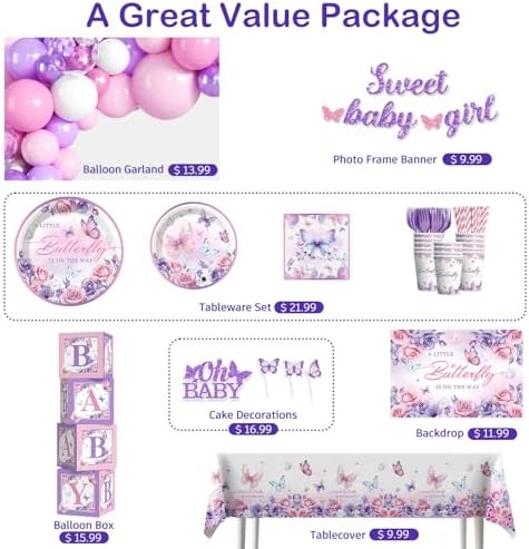 Butterfly Baby Shower Decorations Balloons Plates and Cups and Napkins Sets Purple Pink Sweet Baby Girl Baby Shower Themes A Little Butterfly is on Her Way Decorations for Girl