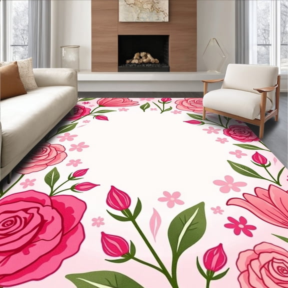 ODIKA 4'x6' Machine Washable Non-Slip Area Rug, Dreamy Watercolor Botanical Garden Whimsical Artistic Nursery High Traffic Rug, Pink, 462963