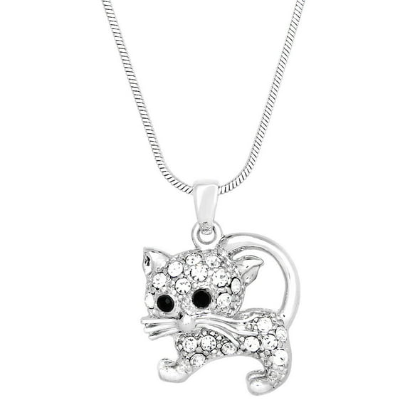Cat Pendant Necklace or Earring Clear Rhinestone Crystal Rhodium Plated 17 Inch Snake Chain J0261-CR