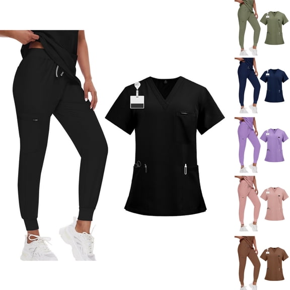 Scrubs for Women Set Stretch V-Neck Top & Jogger Pants with Drawstring Medical Nursing Uniforms Set with Pockets