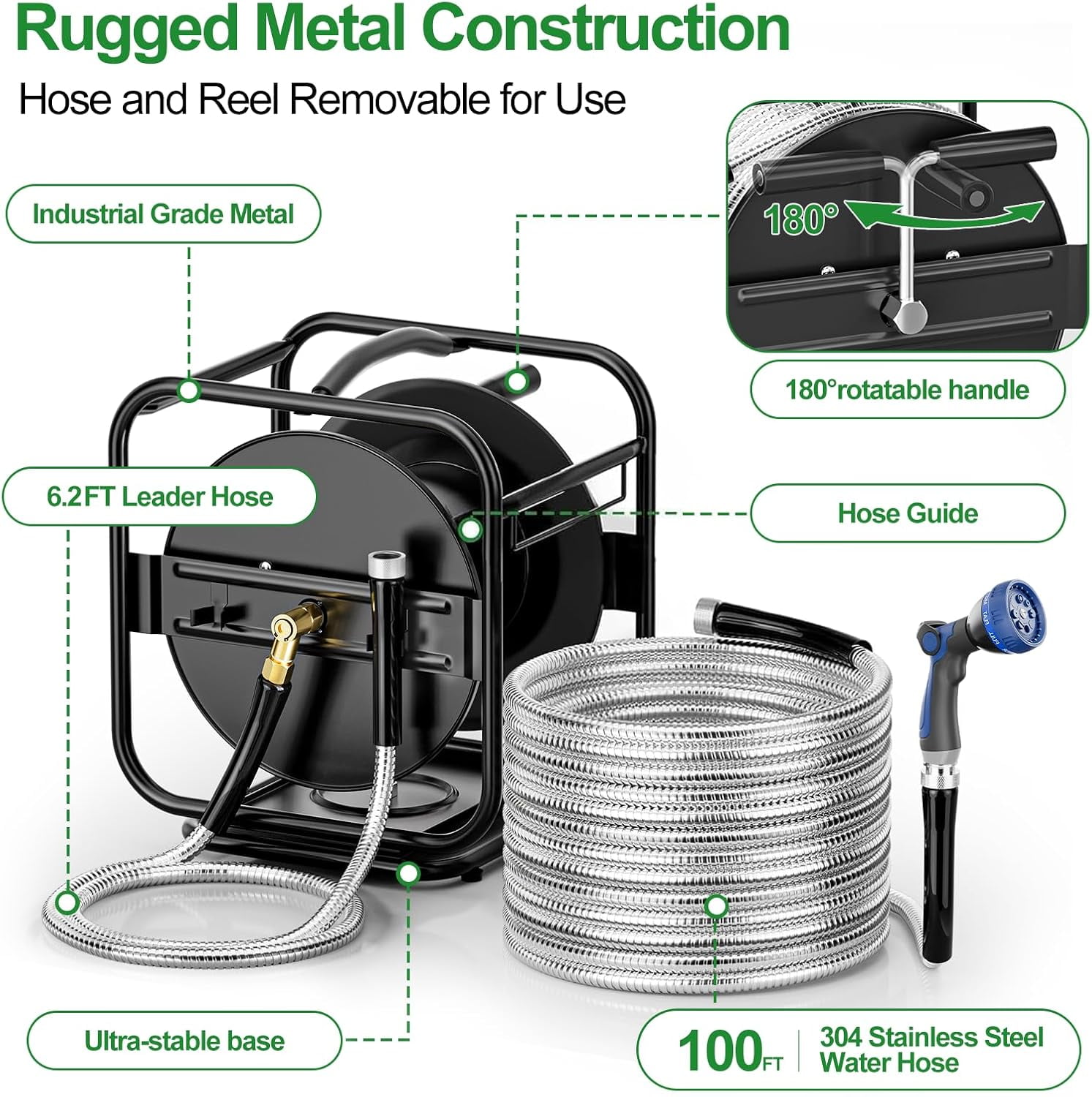 SPECILITE Metal Garden Hose Reel with 100ft 304 Stainless Steel & Aluminum Nozzle, Wall Mount/Floor Water Pipe Spool
