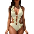 thumbnail image 2 of One Piece Swimsuits for Women Halter Plunge Neck Monokini 3D Floral Applique Pearl Beaded Cut Out Tummy Control Charming Bathing Suits, 2 of 6