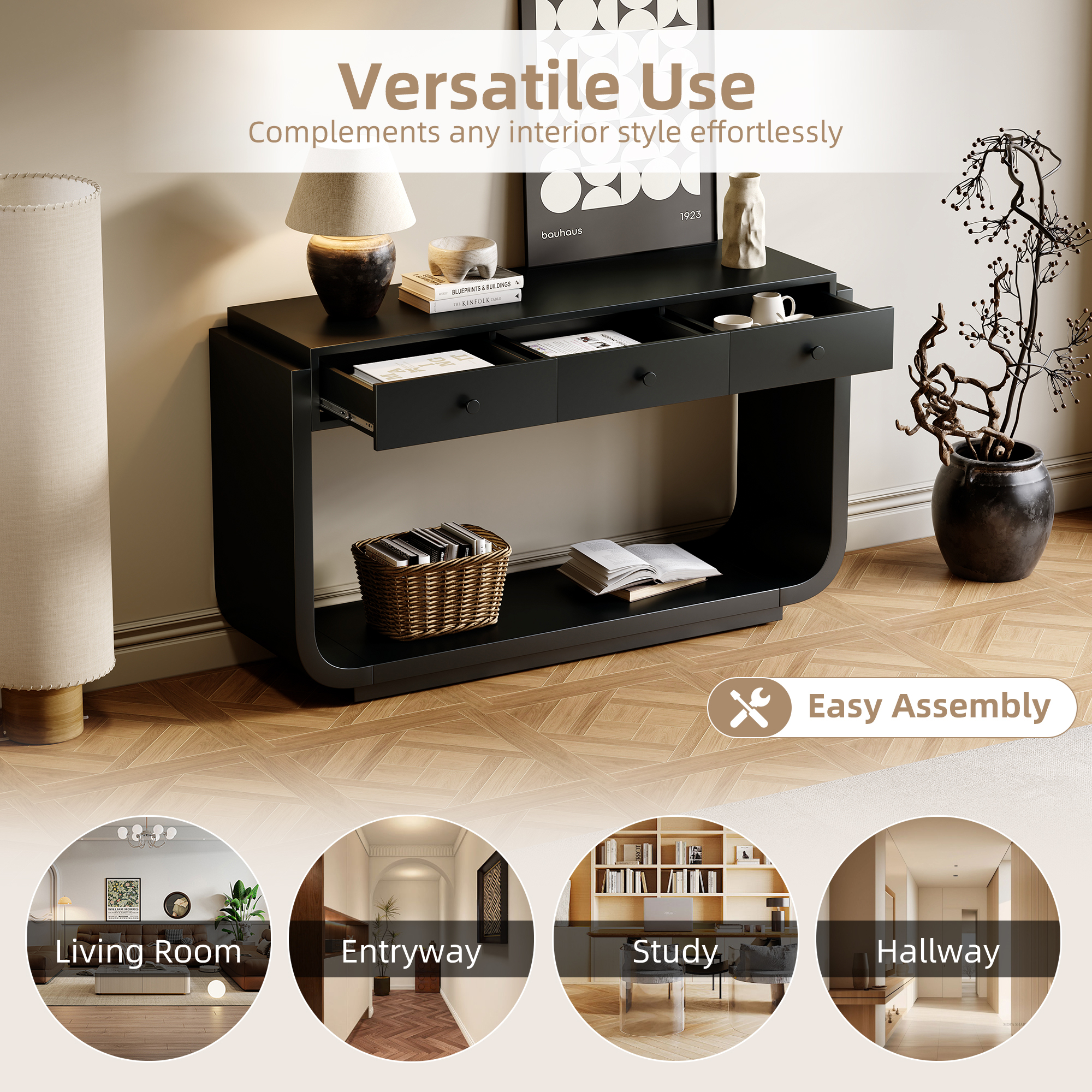 Euroco 55-Inch Antique Console Table, Rectangular Sofa Table Behind the Couch with 3 Drawers & Bottom Open Storage Shelf,Narrow Entryway Table for Hallway, Living Room, Black