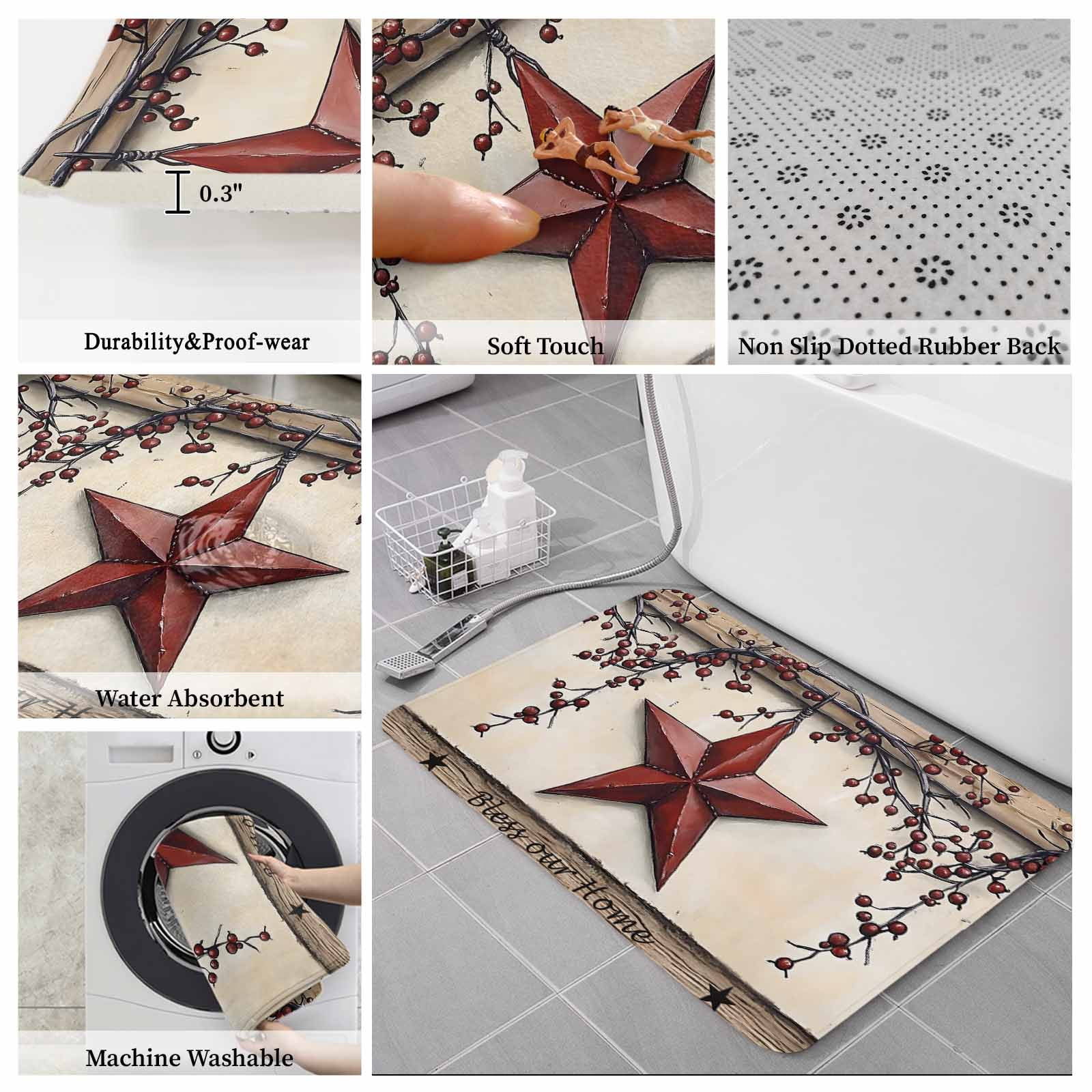 Red Texas Star Rustic Bath Mat 3 Piece Bathroom Rug Set, Country Star Berries Wooden Non Slip Bath Rug Contour Mat and Toilet Lid Cover, Absorbent Shower Mats Soft Bath Rugs and Mats Sets