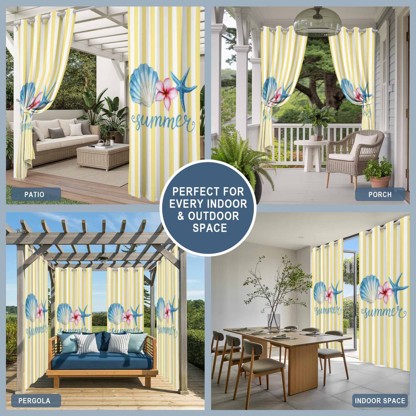 Starfish Shell Outdoor Curtains for Patio, Summer Pink Floral Yellow Stripes Sunshade Privacy Drapes Grommet Waterproof Outside Curtains for Porch/Cabana/Balcony 54"x 108", 1 Panel